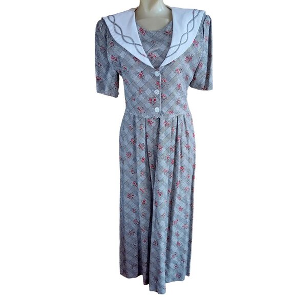 Vintage Dress 10/12 1980s Floral Plaid Dress Pad Sailor Collar JBS Secretary Mom - Picture 2 of 9